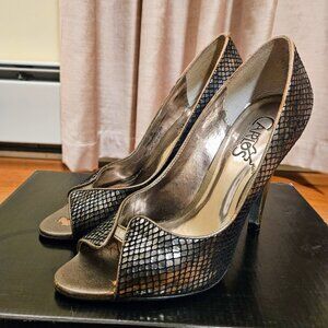 Metallic Snake Skin Peep Toe Stiletto Heels - Size 6